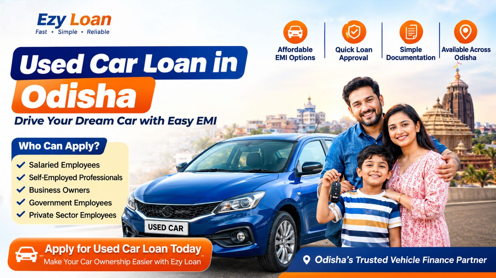 Family receiving a used car with financing assistance from Ezy Loan in Odisha